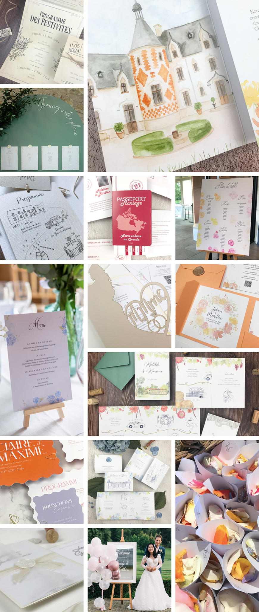 De nombreuses images de papeterie de mariage sur mesure avec illustrations
