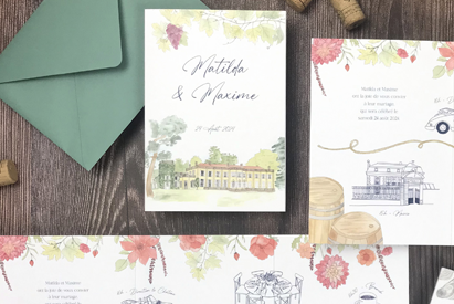 Faire-part de mariage sur mesure avec illustration aquarelle